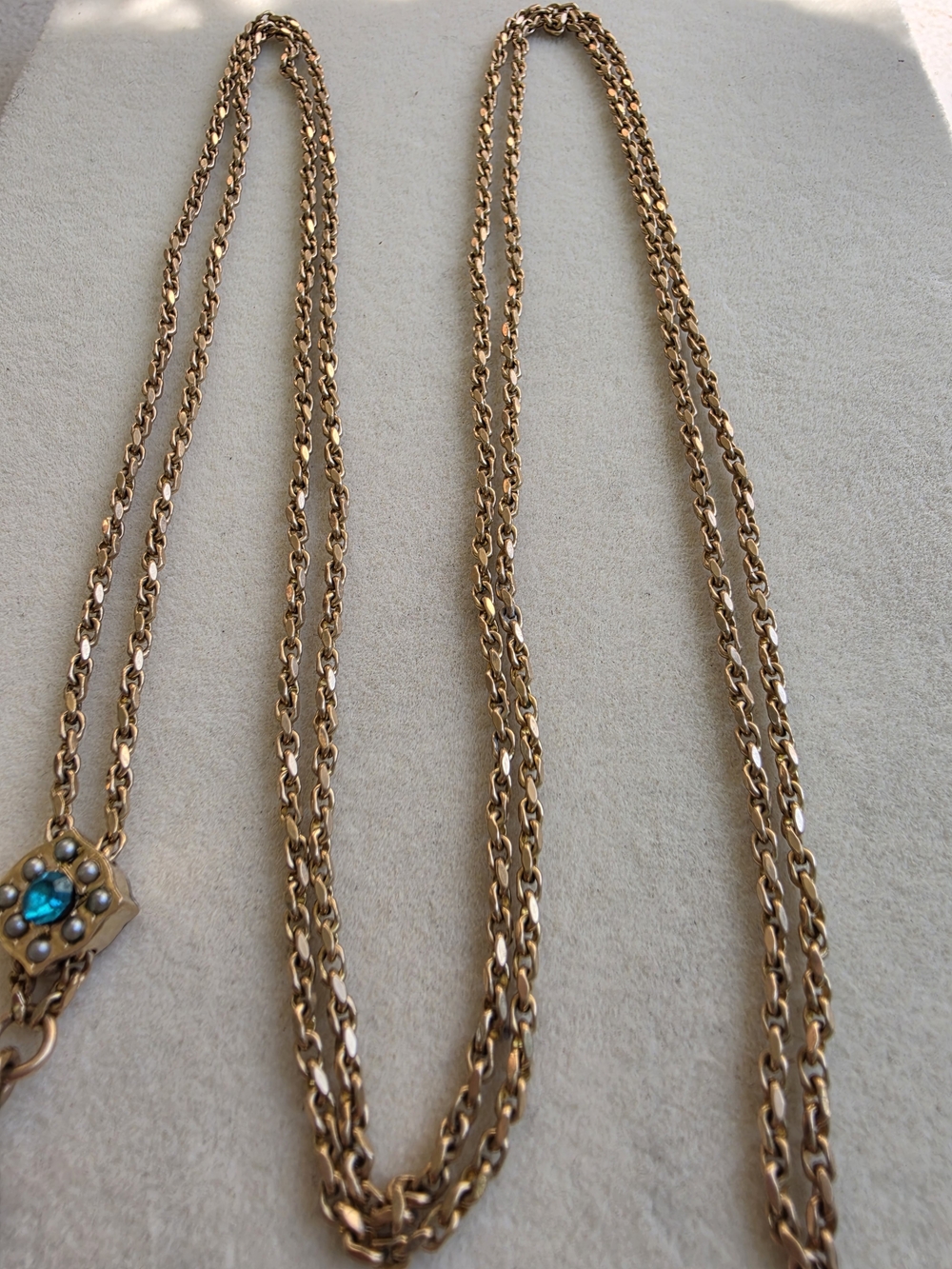 Antique Gold-Tone Watch Chain with Genuine Seed Pearls & Blue Paste Glass - Picture 3 of 12